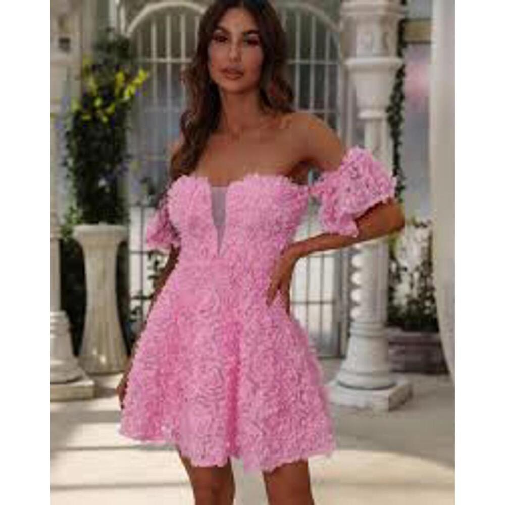 Faeriesty Short Fluffy Flower Petal Off Shoulder Dress Pink